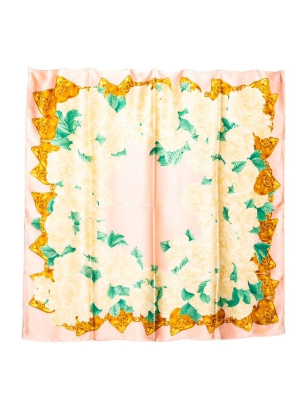 Chanel CC Logo Camellia Scarf Pink Beige Silk